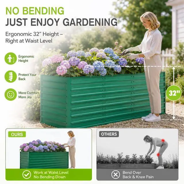 Alt view image 3 of 7 - Raised Garden Bed Kit with Open-Ended Base and 4 Reinforcing Rods for Park, Outdoor Metal Elevated Planter Box with Rustproof Steel Frame and Safety Edging for Flowers (2PCS:7.6x2.6x2.7FT+Green)