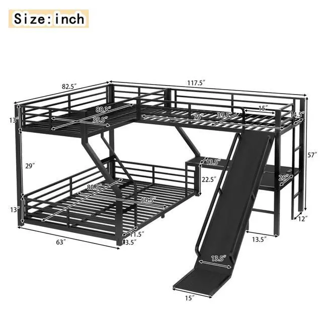 Alt view image 2 of 7 - Industrial L-Shaped Metal Triple Bunk Bed with Slide and Ladder, Heavy Duty Steel Corner Loft Bed with USB Ports, Guardrails and Storage Shelf, for Teens Bedroom Playroom (Black Twin XL over Queen)