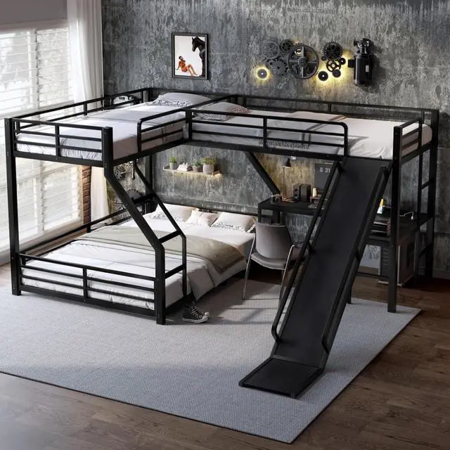 Main image of Industrial L-Shaped Metal Triple Bunk Bed with Slide and Ladder, Heavy Duty Steel Corner Loft Bed with USB Ports, Guardrails and Storage Shelf, for Teens Bedroom Playroom (Black Twin XL over Queen)