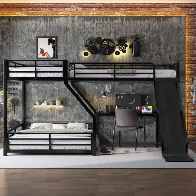 Alt view image 3 of 7 - Industrial L-Shaped Metal Triple Bunk Bed with Slide and Ladder, Heavy Duty Steel Corner Loft Bed with USB Ports, Guardrails and Storage Shelf, for Teens Bedroom Playroom (Black Twin XL over Queen)