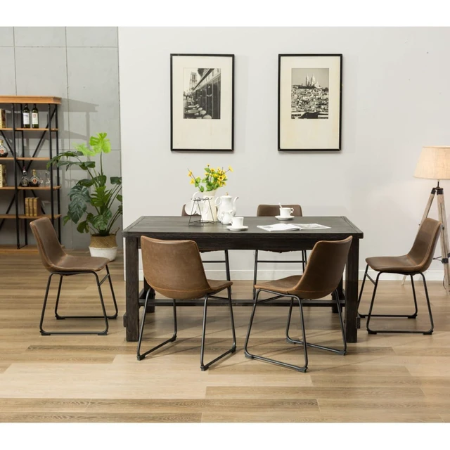 Alt view image 2 of 7 - Hassyee 7-Piece Dinner Table Set with Rectangular Table and 6 PU Upholstered Chairs for 6, Farmhouse Kitchen Set with Footrest & Sturdy Wood Frame for Family Gatherings (Antique Brown)