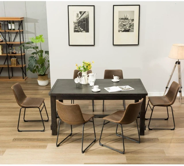 Main image of Hassyee 7-Piece Dinner Table Set with Rectangular Table and 6 PU Upholstered Chairs for 6, Farmhouse Kitchen Set with Footrest & Sturdy Wood Frame for Family Gatherings (Antique Brown)