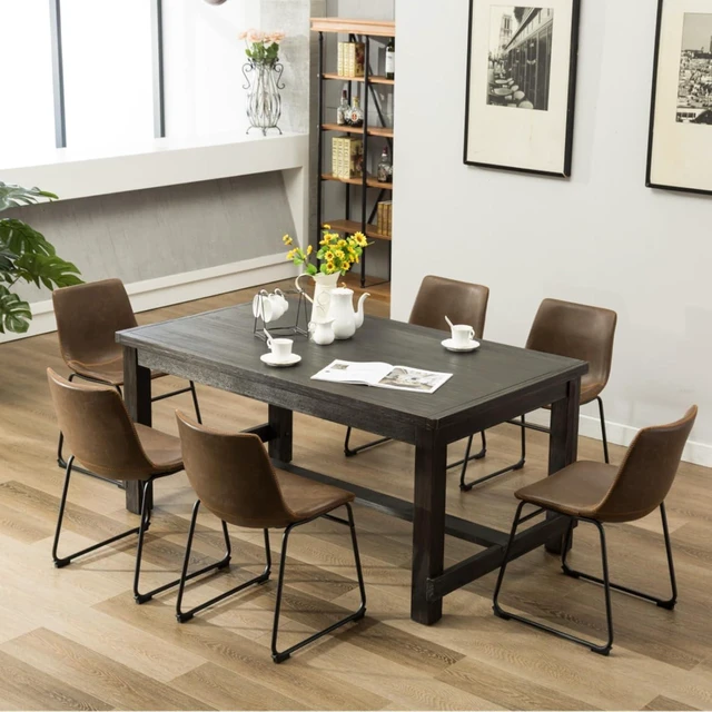 Alt view image 3 of 7 - Hassyee 7-Piece Dinner Table Set with Rectangular Table and 6 PU Upholstered Chairs for 6, Farmhouse Kitchen Set with Footrest & Sturdy Wood Frame for Family Gatherings (Antique Brown)