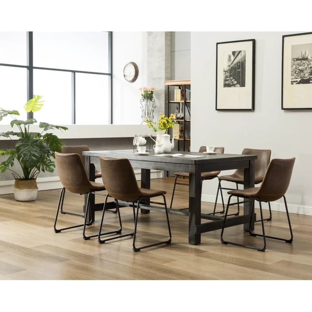 Alt view image 4 of 7 - Hassyee 7-Piece Dinner Table Set with Rectangular Table and 6 PU Upholstered Chairs for 6, Farmhouse Kitchen Set with Footrest & Sturdy Wood Frame for Family Gatherings (Antique Brown)
