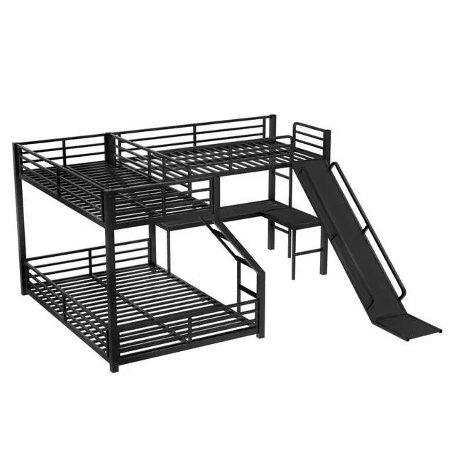 Alt view image 5 of 7 - Industrial L-Shaped Metal Triple Bunk Bed with Slide and Ladder, Heavy Duty Steel Corner Loft Bed with USB Ports, Guardrails and Storage Shelf, for Teens Bedroom Playroom (Black Twin XL over Queen)