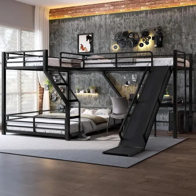 Alt view image 4 of 7 - Industrial L-Shaped Metal Triple Bunk Bed with Slide and Ladder, Heavy Duty Steel Corner Loft Bed with USB Ports, Guardrails and Storage Shelf, for Teens Bedroom Playroom (Black Twin XL over Queen)
