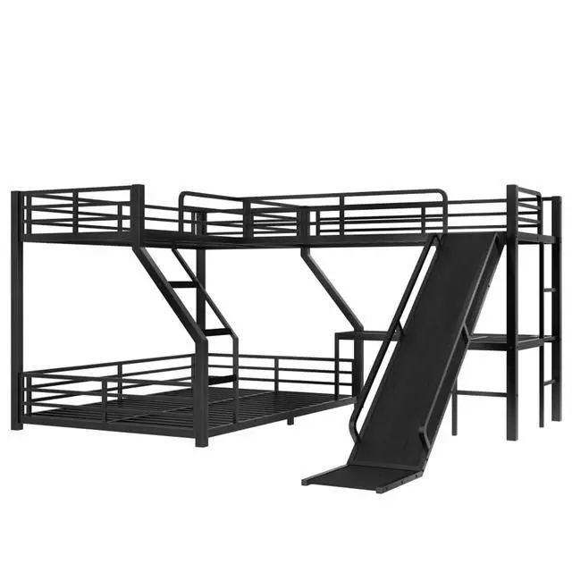 Alt view image 7 of 7 - Industrial L-Shaped Metal Triple Bunk Bed with Slide and Ladder, Heavy Duty Steel Corner Loft Bed with USB Ports, Guardrails and Storage Shelf, for Teens Bedroom Playroom (Black Twin XL over Queen)