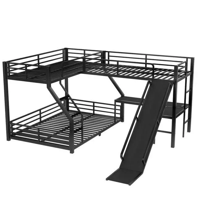 Alt view image 6 of 7 - Industrial L-Shaped Metal Triple Bunk Bed with Slide and Ladder, Heavy Duty Steel Corner Loft Bed with USB Ports, Guardrails and Storage Shelf, for Teens Bedroom Playroom (Black Twin XL over Queen)