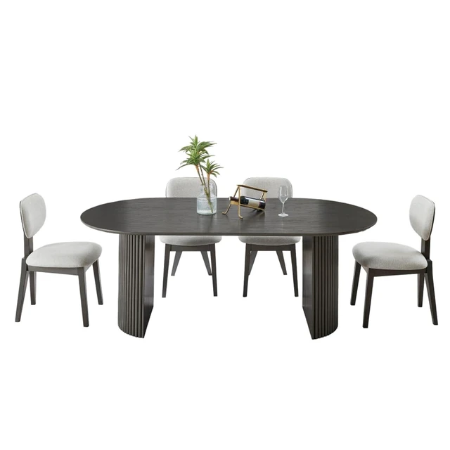 Alt view image 2 of 7 - Hassyee 5-Piece Kitchen Set with Oval Table and 4 Fabric Upholstered Chairs for 4, Farmhouse Dining Table and Chairs Set with Dual Semi-Cylinder Base for Home Restaurant