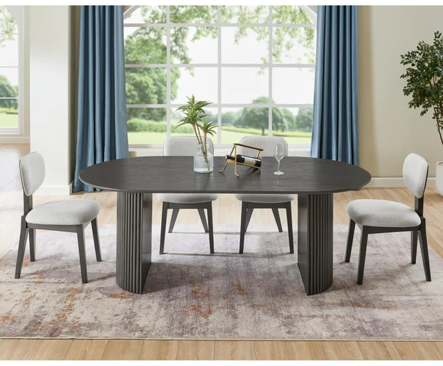 Main image of Hassyee 5-Piece Kitchen Set with Oval Table and 4 Fabric Upholstered Chairs for 4, Farmhouse Dining Table and Chairs Set with Dual Semi-Cylinder Base for Home Restaurant