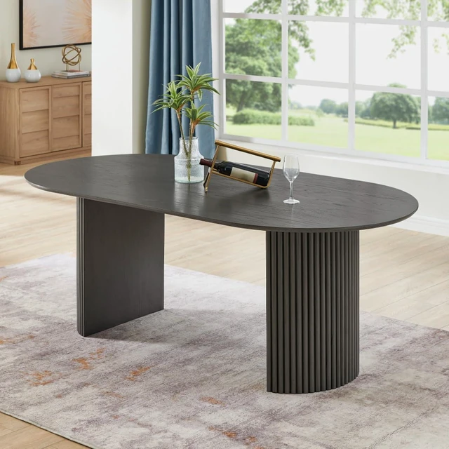 Alt view image 3 of 7 - Hassyee 5-Piece Kitchen Set with Oval Table and 4 Fabric Upholstered Chairs for 4, Farmhouse Dining Table and Chairs Set with Dual Semi-Cylinder Base for Home Restaurant