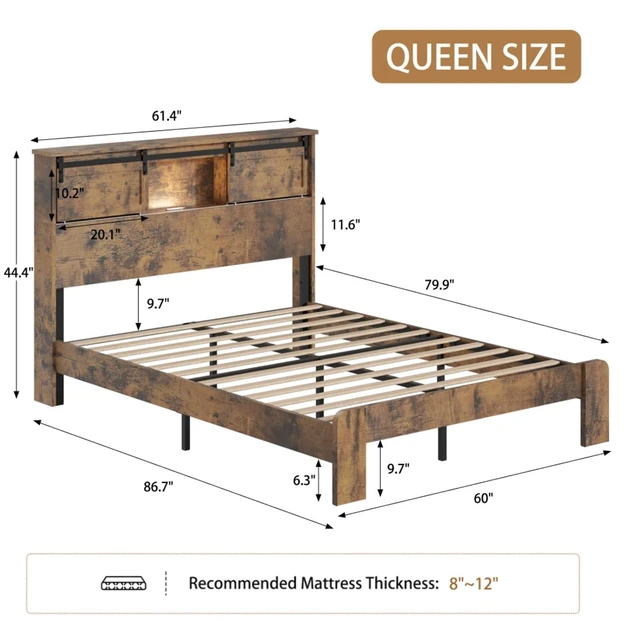 Alt view image 2 of 7 - King/Queen Size Platform Bed with Storage Headboard and USB Charging Station, Mattress Base with Under-Bed Storage Space and Metal Slats Support for Bedroom Guest Room Apartment (Nature Queen)