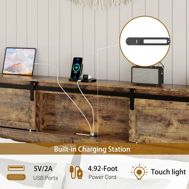 Alt view image 3 of 7 - King/Queen Size Platform Bed with Storage Headboard and USB Charging Station, Mattress Base with Under-Bed Storage Space and Metal Slats Support for Bedroom Guest Room Apartment (Nature Queen)