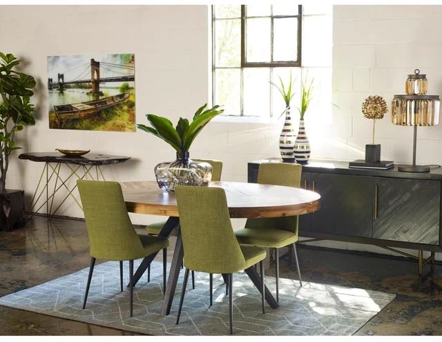 Alt view image 2 of 7 - Hassyee Classic Retro Style Kitchen Dining Table, Oval Design, Can Accommodate 6 People, Diverse Patchwork Patterns, Durable Acacia Wood Dining Table, Suitable for Kitchen Use