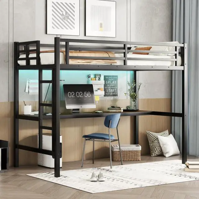 Main image of Twin/TwinXL/Queen Size Metal Loft Bed with USB Charging Station and LED Lighted, Dorm Bed with Desk, Guardrails and Ladders, for Master Bedroom Guest Room Apartment, Noise Reduced (Black Twin XL)