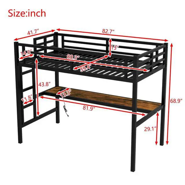 Alt view image 2 of 7 - Twin/TwinXL/Queen Size Metal Loft Bed with USB Charging Station and LED Lighted, Dorm Bed with Desk, Guardrails and Ladders, for Master Bedroom Guest Room Apartment, Noise Reduced (Black Twin XL)