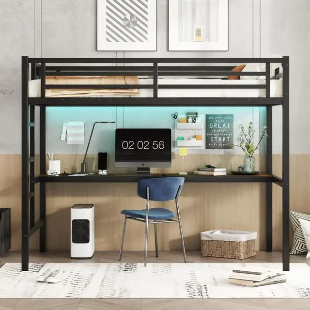 Alt view image 3 of 7 - Twin/TwinXL/Queen Size Metal Loft Bed with USB Charging Station and LED Lighted, Dorm Bed with Desk, Guardrails and Ladders, for Master Bedroom Guest Room Apartment, Noise Reduced (Black Twin XL)