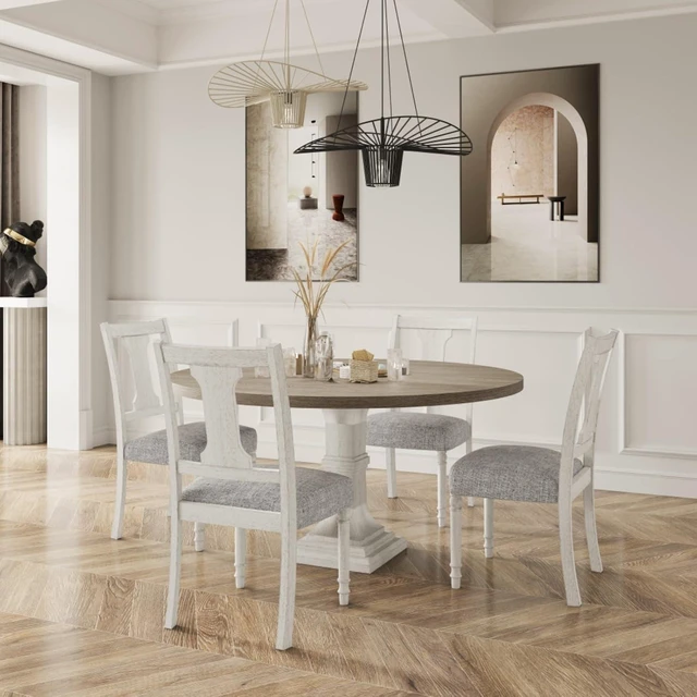 Alt view image 3 of 7 - Hassyee 5-Piece Dining Table and Chairs Set with Round Table and 4 Linen Upholstered Chairs for Home Bar Cafe, Retro Dining Sets with Solid Pedestal Base for Dining Room