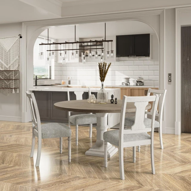 Alt view image 2 of 7 - Hassyee 5-Piece Dining Table and Chairs Set with Round Table and 4 Linen Upholstered Chairs for Home Bar Cafe, Retro Dining Sets with Solid Pedestal Base for Dining Room