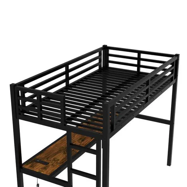 Alt view image 6 of 7 - Twin/TwinXL/Queen Size Metal Loft Bed with USB Charging Station and LED Lighted, Dorm Bed with Desk, Guardrails and Ladders, for Master Bedroom Guest Room Apartment, Noise Reduced (Black Twin XL)