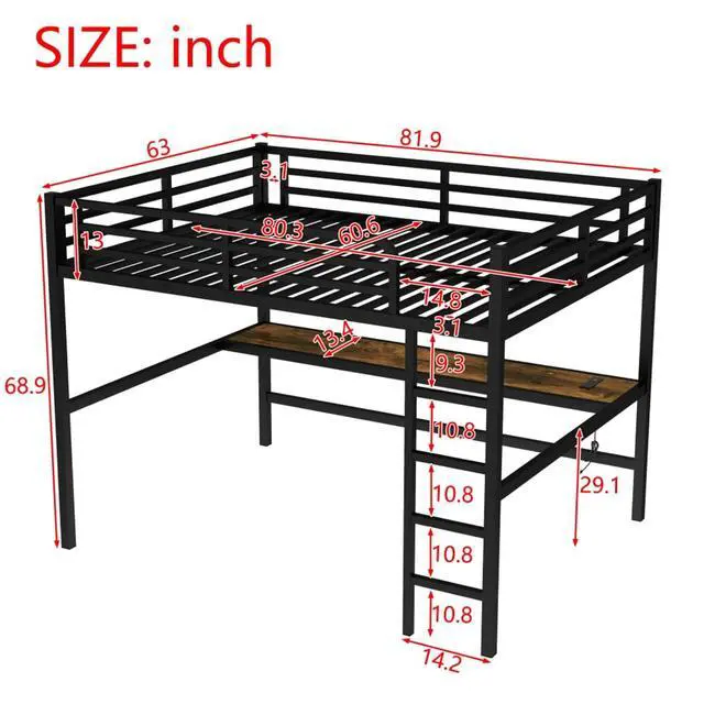 Alt view image 2 of 7 - Twin/TwinXL/Queen Size Metal Loft Bed with USB Charging Station and LED Lighted, Dorm Bed with Desk, Guardrails and Ladders, for Master Bedroom Guest Room Apartment, Noise Reduced (Black Queen)