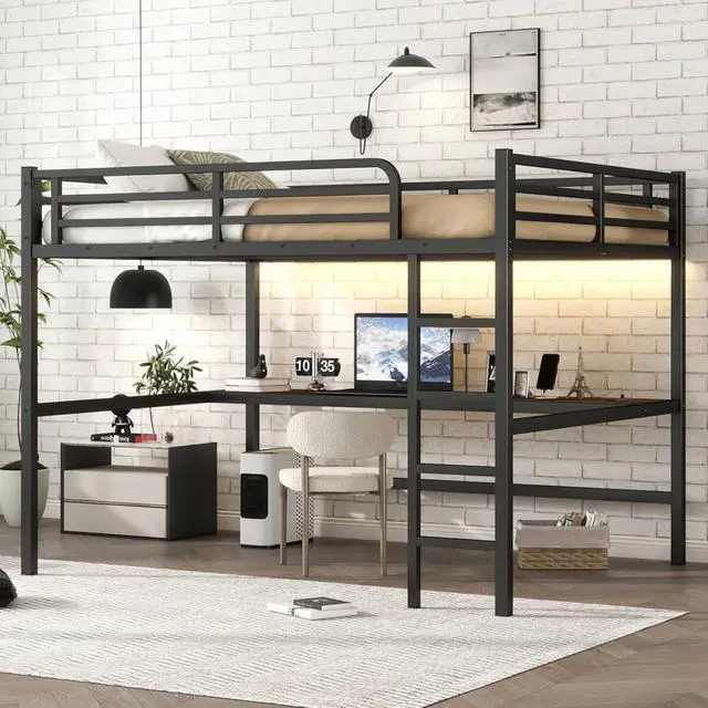 Main image of Twin/TwinXL/Queen Size Metal Loft Bed with USB Charging Station and LED Lighted, Dorm Bed with Desk, Guardrails and Ladders, for Master Bedroom Guest Room Apartment, Noise Reduced (Black Queen)