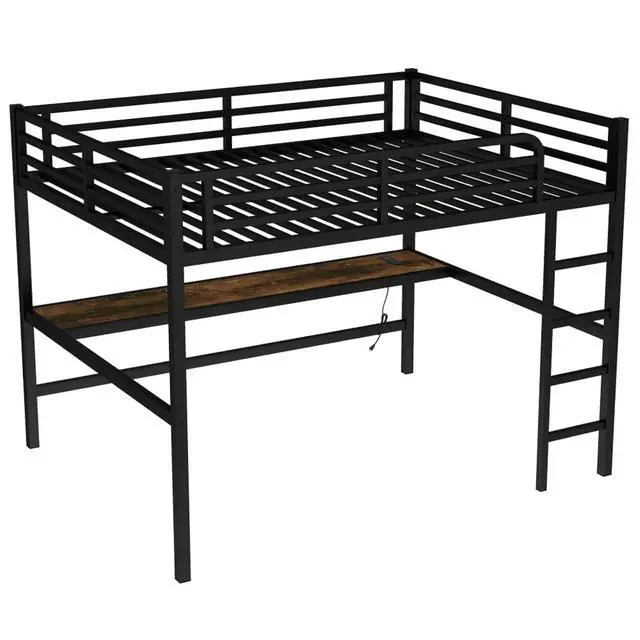 Alt view image 5 of 7 - Twin/TwinXL/Queen Size Metal Loft Bed with USB Charging Station and LED Lighted, Dorm Bed with Desk, Guardrails and Ladders, for Master Bedroom Guest Room Apartment, Noise Reduced (Black Queen)