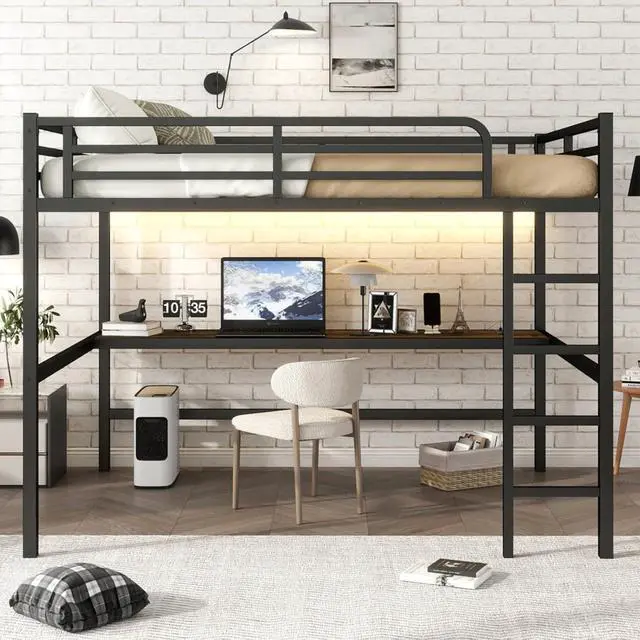 Alt view image 3 of 7 - Twin/TwinXL/Queen Size Metal Loft Bed with USB Charging Station and LED Lighted, Dorm Bed with Desk, Guardrails and Ladders, for Master Bedroom Guest Room Apartment, Noise Reduced (Black Queen)