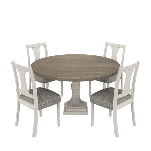 Alt view image 4 of 7 - Hassyee 5-Piece Dining Table and Chairs Set with Round Table and 4 Linen Upholstered Chairs for Home Bar Cafe, Retro Dining Sets with Solid Pedestal Base for Dining Room