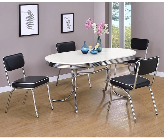 Main image of Hassyee 5-Piece Dining Sets with Oval Table and 4 Upholstered Chairs for Bar Cafe, Contemporary Kitchen Table Set with Decadent Flared Metal Base for Dining Room and Kitchen (White1)