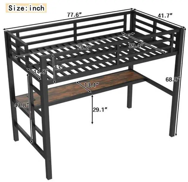 Alt view image 2 of 7 - Twin/TwinXL/Queen Size Metal Loft Bed with USB Charging Station and LED Lighted, Dorm Bed with Desk, Guardrails and Ladders, for Master Bedroom Guest Room Apartment, Noise Reduced (Black Twin)