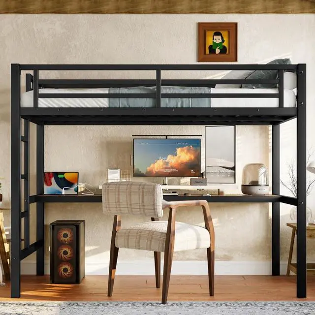 Alt view image 3 of 7 - Twin/TwinXL/Queen Size Metal Loft Bed with USB Charging Station and LED Lighted, Dorm Bed with Desk, Guardrails and Ladders, for Master Bedroom Guest Room Apartment, Noise Reduced (Black Twin)