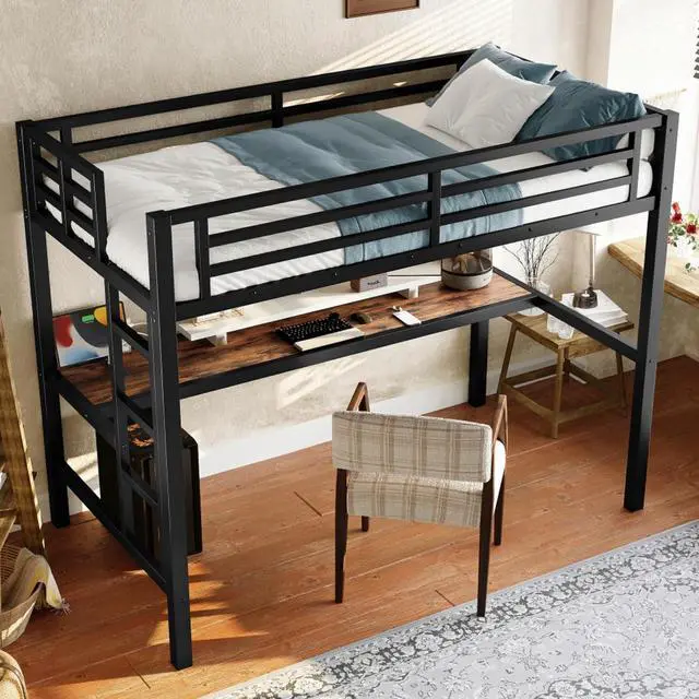 Alt view image 4 of 7 - Twin/TwinXL/Queen Size Metal Loft Bed with USB Charging Station and LED Lighted, Dorm Bed with Desk, Guardrails and Ladders, for Master Bedroom Guest Room Apartment, Noise Reduced (Black Twin)