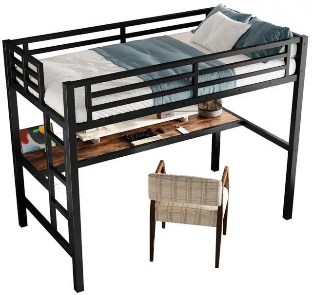 Alt view image 5 of 7 - Twin/TwinXL/Queen Size Metal Loft Bed with USB Charging Station and LED Lighted, Dorm Bed with Desk, Guardrails and Ladders, for Master Bedroom Guest Room Apartment, Noise Reduced (Black Twin)