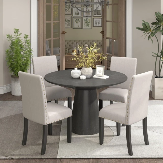 Main image of Hassyee 5-Piece Kitchen Set with Round Table and 4 Fabric Upholstered Chairs for 4, Modern Dining Table Set with Wood Pedestal Base & Brass Nailhead Trim for Home Restaurant (Tan)