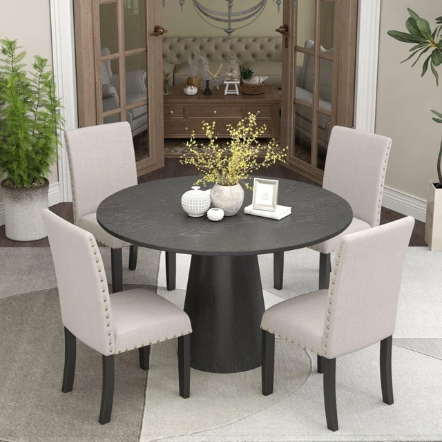 Alt view image 2 of 7 - Hassyee 5-Piece Kitchen Set with Round Table and 4 Fabric Upholstered Chairs for 4, Modern Dining Table Set with Wood Pedestal Base & Brass Nailhead Trim for Home Restaurant (Tan)