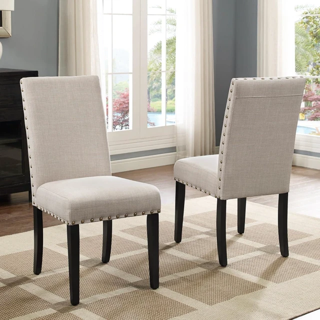 Alt view image 6 of 7 - Hassyee 5-Piece Kitchen Set with Round Table and 4 Fabric Upholstered Chairs for 4, Modern Dining Table Set with Wood Pedestal Base & Brass Nailhead Trim for Home Restaurant (Tan)