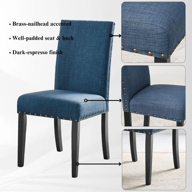 Alt view image 7 of 7 - Hassyee 5-Piece Kitchen Set with Round Table and 4 Fabric Upholstered Chairs for 4, Modern Dining Table Set with Wood Pedestal Base & Brass Nailhead Trim for Home Restaurant (Blue)
