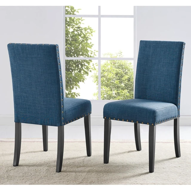 Alt view image 6 of 7 - Hassyee 5-Piece Kitchen Set with Round Table and 4 Fabric Upholstered Chairs for 4, Modern Dining Table Set with Wood Pedestal Base & Brass Nailhead Trim for Home Restaurant (Blue)
