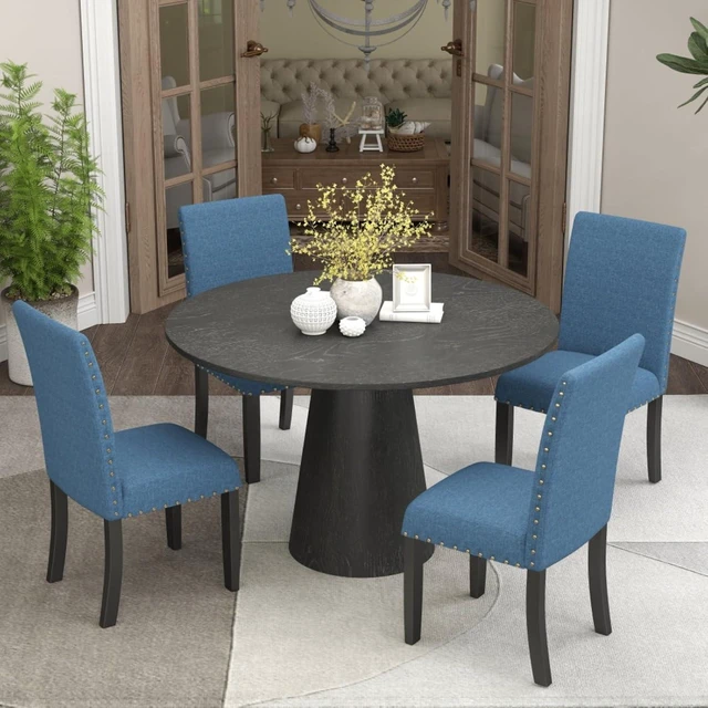 Alt view image 2 of 7 - Hassyee 5-Piece Kitchen Set with Round Table and 4 Fabric Upholstered Chairs for 4, Modern Dining Table Set with Wood Pedestal Base & Brass Nailhead Trim for Home Restaurant (Blue)