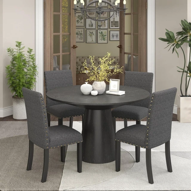 Alt view image 2 of 7 - Hassyee 5-Piece Kitchen Set with Round Table and 4 Fabric Upholstered Chairs for 4, Modern Dining Table Set with Wood Pedestal Base & Brass Nailhead Trim for Home Restaurant (Gray)