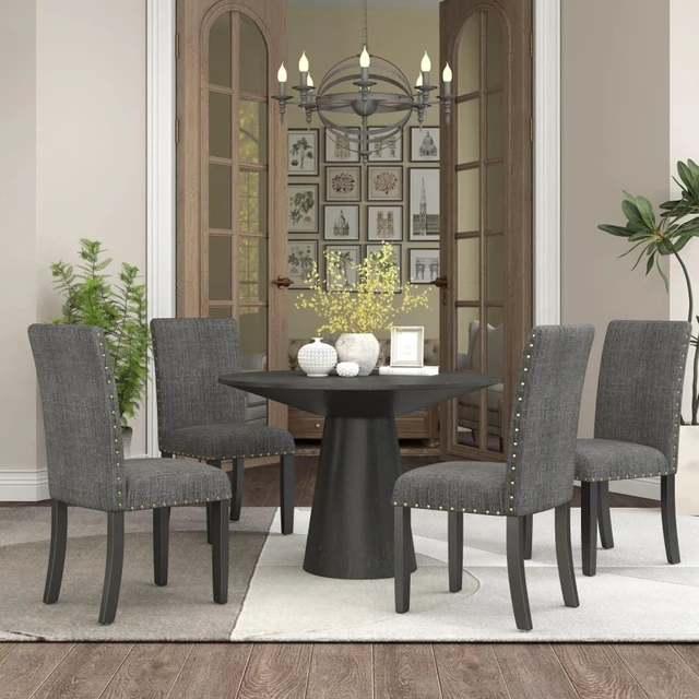 Main image of Hassyee 5-Piece Kitchen Set with Round Table and 4 Fabric Upholstered Chairs for 4, Modern Dining Table Set with Wood Pedestal Base & Brass Nailhead Trim for Home Restaurant (Gray)