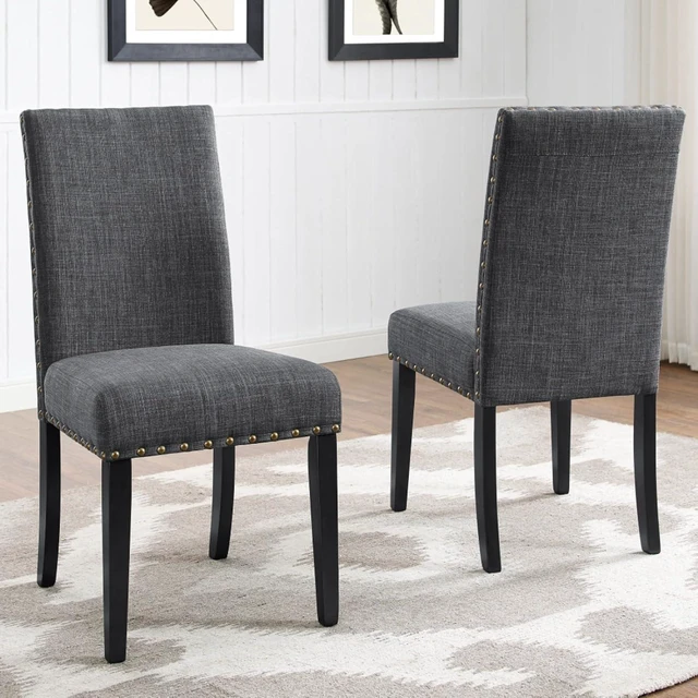 Alt view image 6 of 7 - Hassyee 5-Piece Kitchen Set with Round Table and 4 Fabric Upholstered Chairs for 4, Modern Dining Table Set with Wood Pedestal Base & Brass Nailhead Trim for Home Restaurant (Gray)