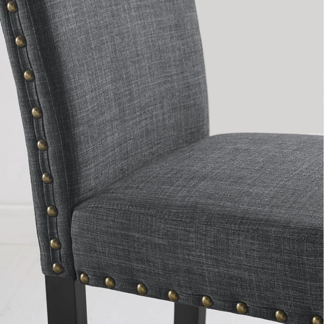 Alt view image 7 of 7 - Hassyee 5-Piece Kitchen Set with Round Table and 4 Fabric Upholstered Chairs for 4, Modern Dining Table Set with Wood Pedestal Base & Brass Nailhead Trim for Home Restaurant (Gray)