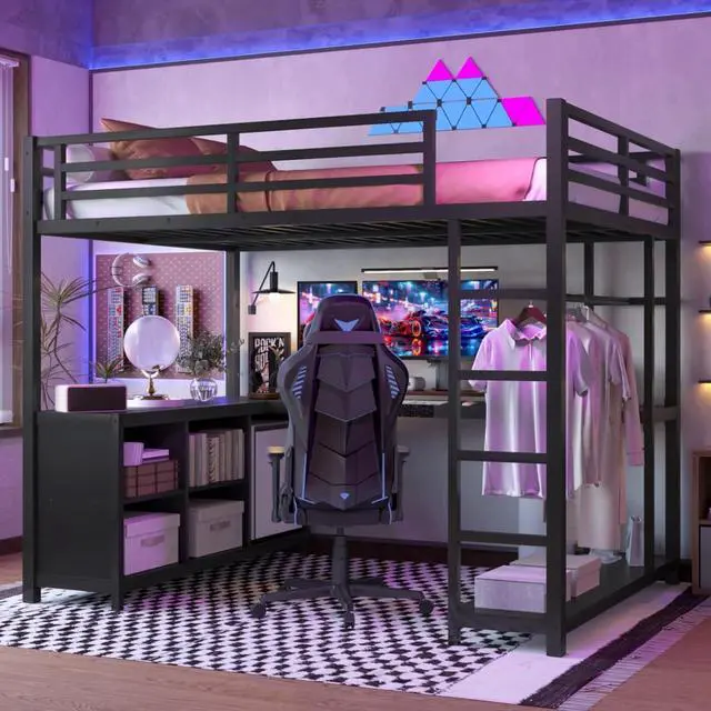 Main image of Twin/Queen/Full Size Metal Loft Bed with Ladder, Full Length Guardrails and L-shaped Desk, Dorm Bed with Storage Shelves, Corner Beds for Teens Adults Bedroom Small Spaces Apartment (Black Full)