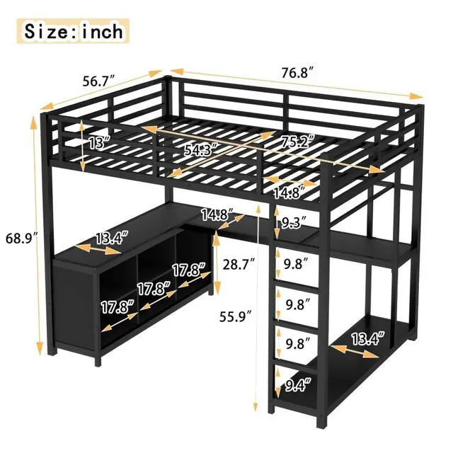 Alt view image 2 of 7 - Twin/Queen/Full Size Metal Loft Bed with Ladder, Full Length Guardrails and L-shaped Desk, Dorm Bed with Storage Shelves, Corner Beds for Teens Adults Bedroom Small Spaces Apartment (Black Full)