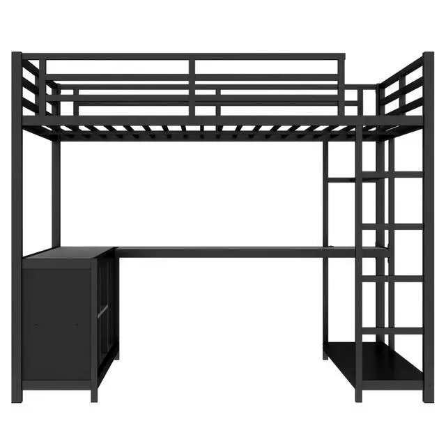 Alt view image 4 of 7 - Twin/Queen/Full Size Metal Loft Bed with Ladder, Full Length Guardrails and L-shaped Desk, Dorm Bed with Storage Shelves, Corner Beds for Teens Adults Bedroom Small Spaces Apartment (Black Full)