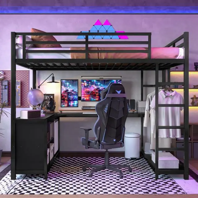 Alt view image 3 of 7 - Twin/Queen/Full Size Metal Loft Bed with Ladder, Full Length Guardrails and L-shaped Desk, Dorm Bed with Storage Shelves, Corner Beds for Teens Adults Bedroom Small Spaces Apartment (Black Full)