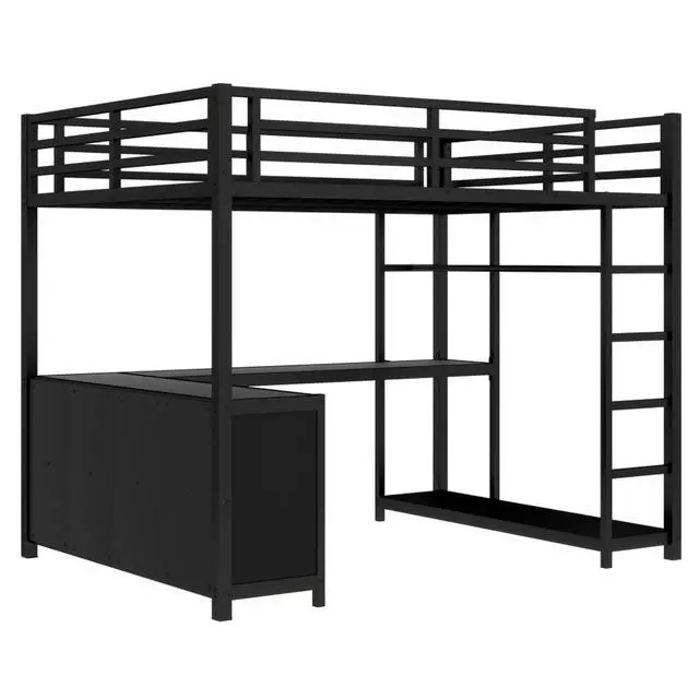 Alt view image 5 of 7 - Twin/Queen/Full Size Metal Loft Bed with Ladder, Full Length Guardrails and L-shaped Desk, Dorm Bed with Storage Shelves, Corner Beds for Teens Adults Bedroom Small Spaces Apartment (Black Full)