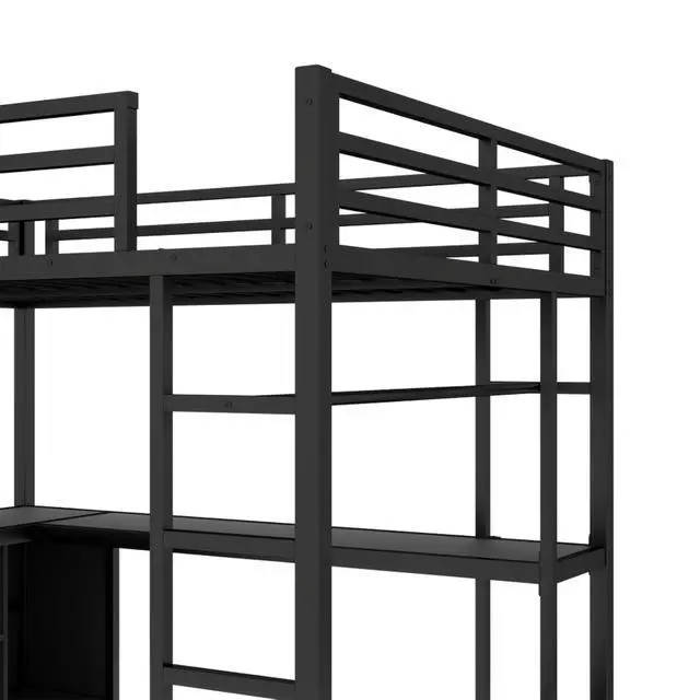 Alt view image 7 of 7 - Twin/Queen/Full Size Metal Loft Bed with Ladder, Full Length Guardrails and L-shaped Desk, Dorm Bed with Storage Shelves, Corner Beds for Teens Adults Bedroom Small Spaces Apartment (Black Full)